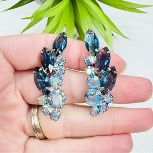 SOLDJuliana D&E Blue & Aurora Borealis Glass Rhinestone Clip On Climber Earrings